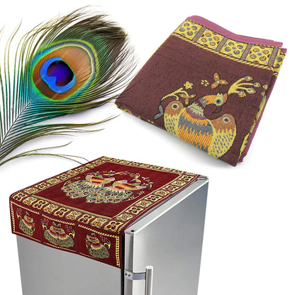8889 Cotton Fridge Top Cover Set - Standard Appliance Covers Fridge Dustproof Cover With Peacock Deign 6 Utility Side Pockets Fridge Cover For All Types Fridge Refrigerator Use (100x60cm)