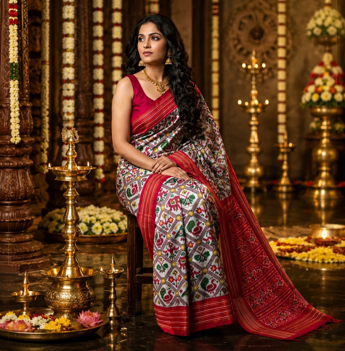 Designer Pure Ikkat Silk Saree with Rich Red Border