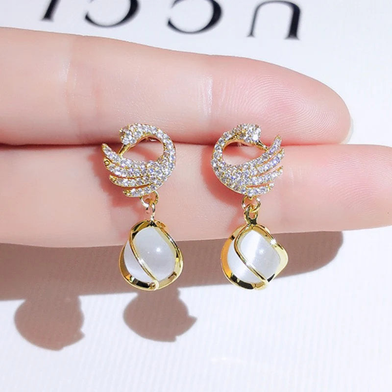 Korean Style Luxury Crystal Swan Drop Earrings