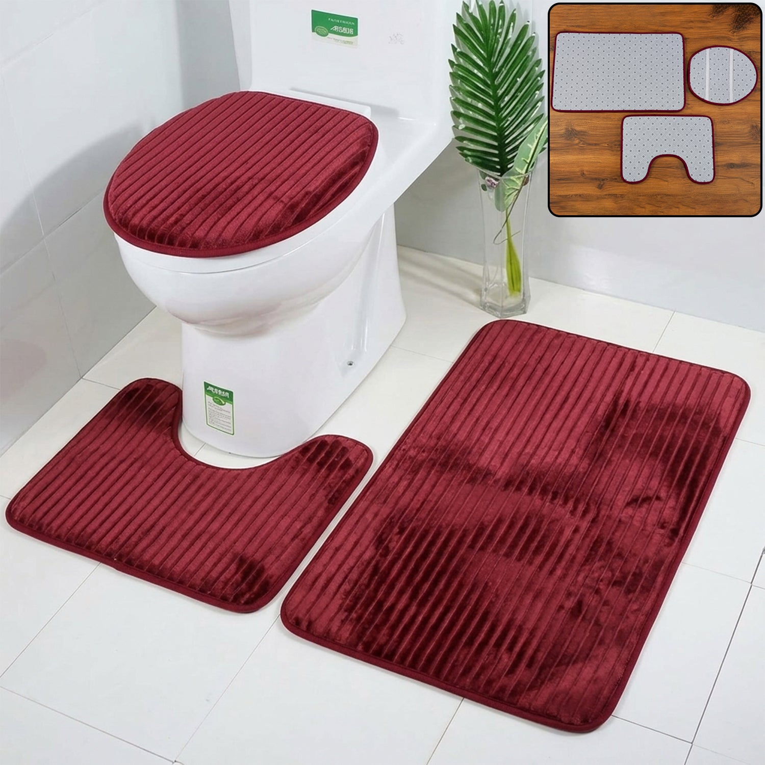 3 In 1 Anti Slip Bathroom Mat Set With Contour Mat And Lid Cover (3 Pc Set  Mix Color)
