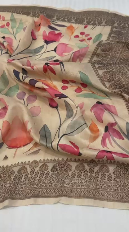 Watercolor Lotus Tussar Silk Banarasi Saree with Digital Print
