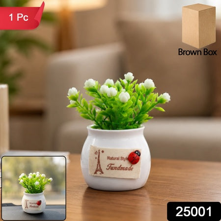 Mini Artificial Plant With Ceramic Pot White Flower Bonsai For Home Decor (1 Pc)